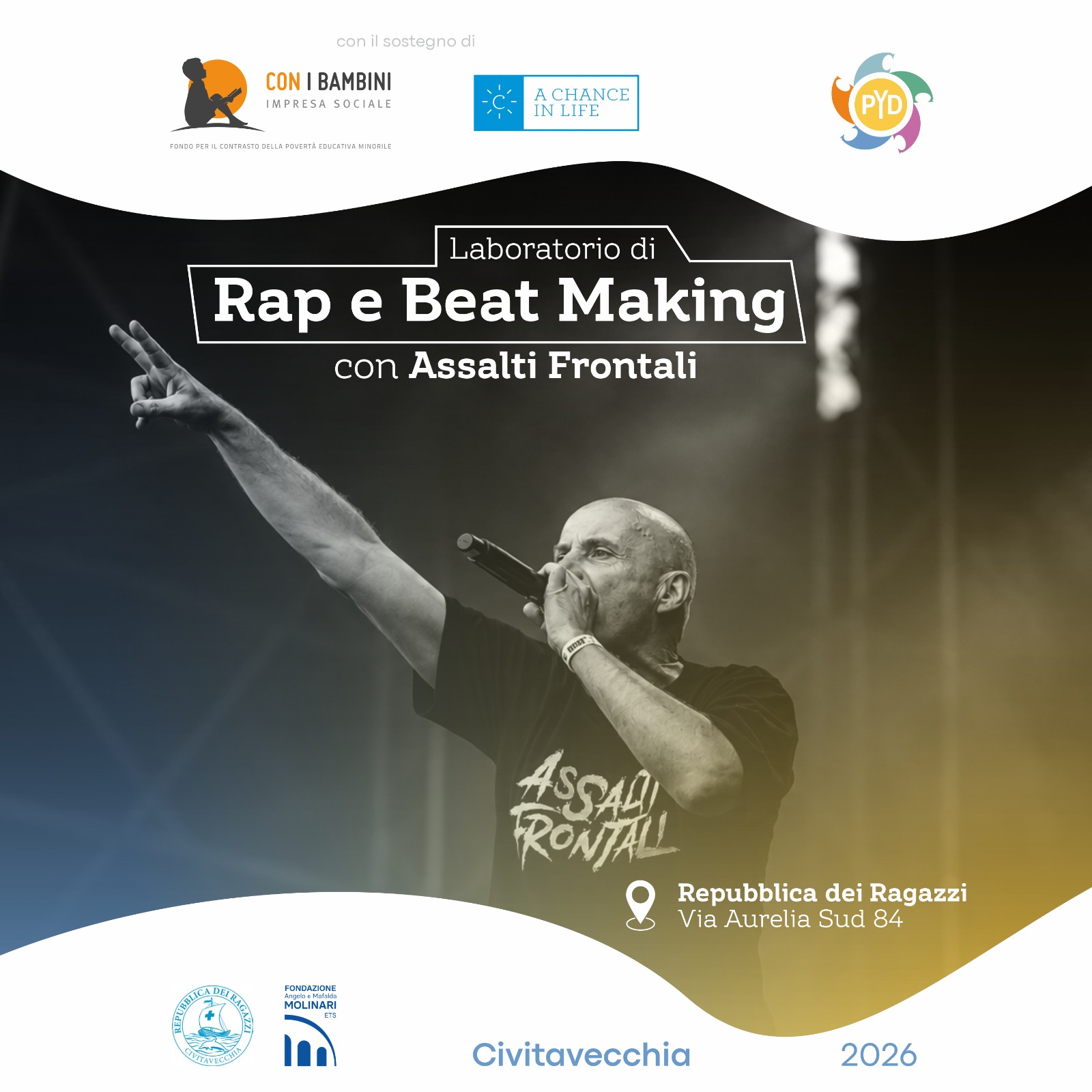 Locandina del laboratorio rap e beat making a Civitavecchia con Militant A ed Ellesse